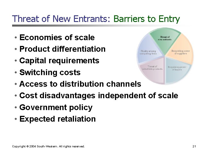 Threat of New Entrants: Barriers to Entry • Economies of scale • Product differentiation Threat of New Entrants: Barriers to Entry • Economies of scale • Product differentiation