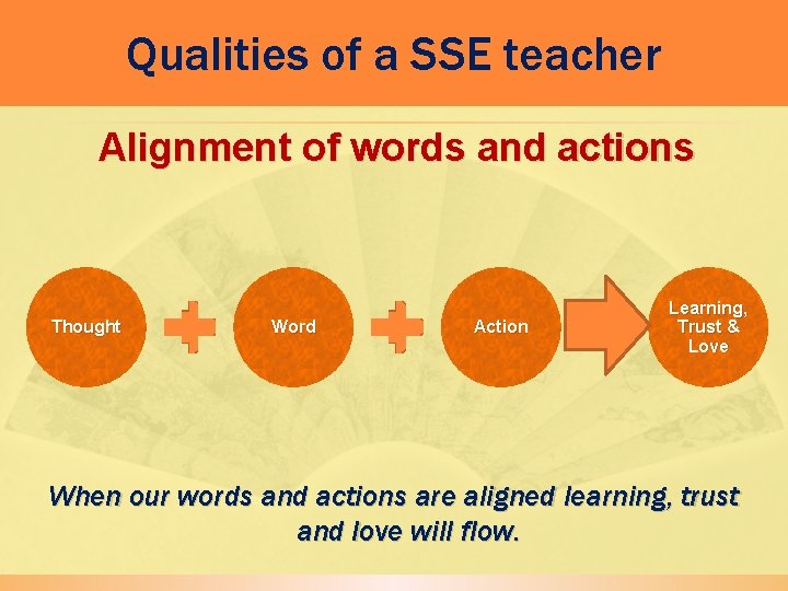 Qualities of a SSE teacher Alignment of words and actions Thought Word Action Learning,