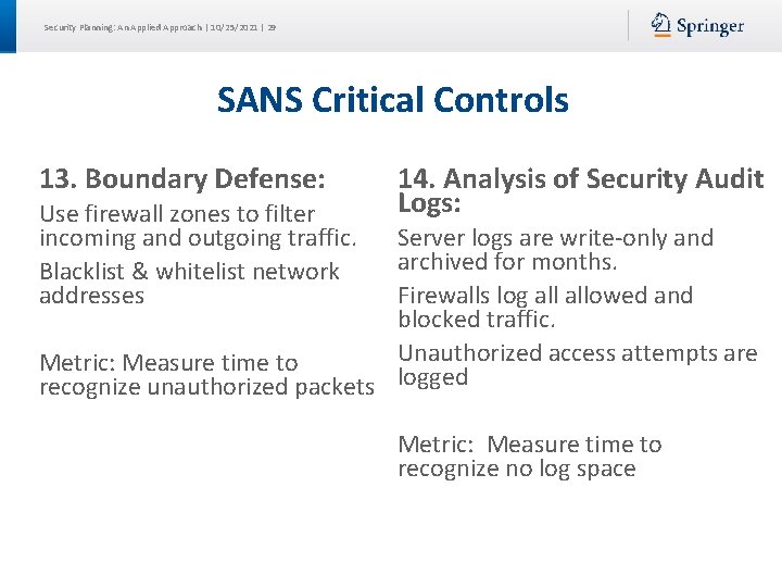 Security Planning: An Applied Approach | 10/25/2021 | 29 SANS Critical Controls 13. Boundary