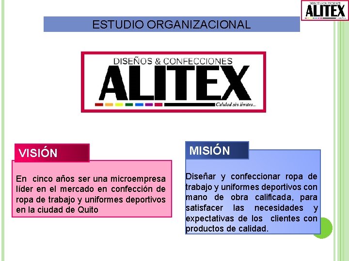 ESTUDIO ORGANIZACIONAL VISIÓN En cinco años ser una microempresa líder en el mercado en