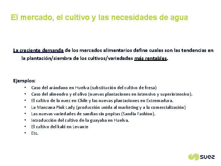 El mercado, el cultivo y las necesidades de agua La creciente demanda de los