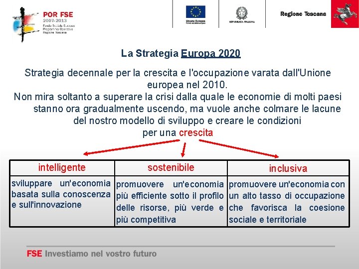 La Strategia Europa 2020 Strategia decennale per la crescita e l'occupazione varata dall'Unione europea