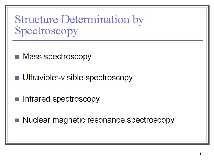 Structure Determination by Spectroscopy n Mass spectroscopy n Ultraviolet-visible spectroscopy n Infrared spectroscopy n