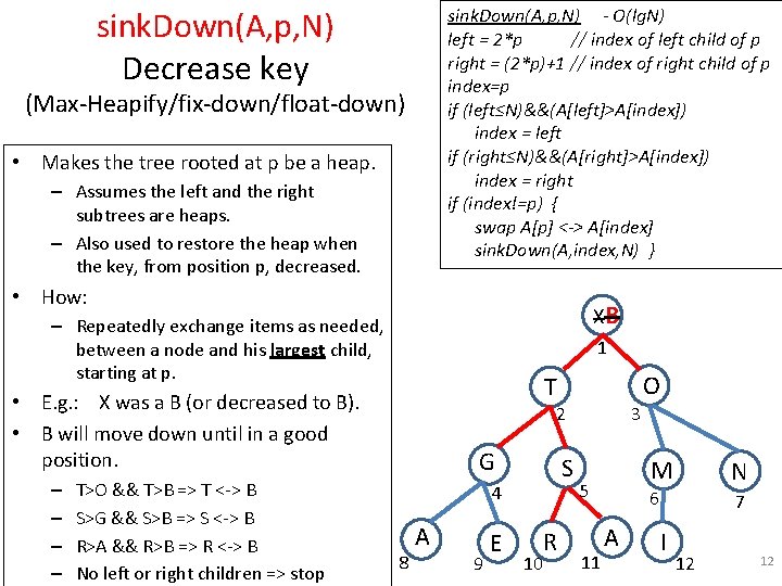 sink. Down(A, p, N) - O(lg. N) left = 2*p // index of left