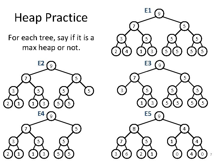 E 1 Heap Practice For each tree, say if it is a max heap