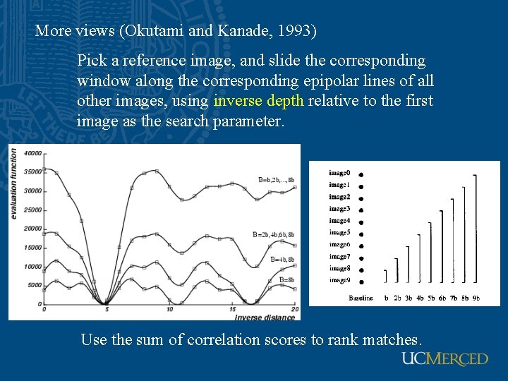 More views (Okutami and Kanade, 1993) Pick a reference image, and slide the corresponding