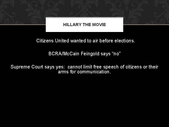 HILLARY THE MOVIE Citizens United wanted to air before elections. BCRA/Mc. Cain Feingold says