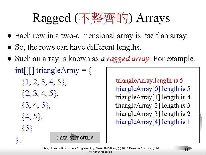 Ragged (不整齊的) Arrays l l l Each row in a two-dimensional array is itself