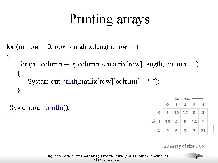 Printing arrays for (int row = 0; row < matrix. length; row++) { for