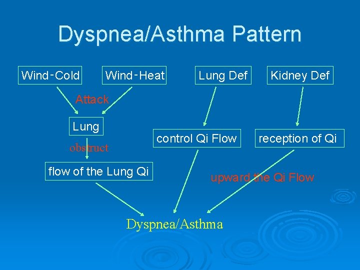 Dyspnea/Asthma Pattern Wind‑Cold Wind‑Heat Lung Def Kidney Def Attack Lung control Qi Flow obstruct