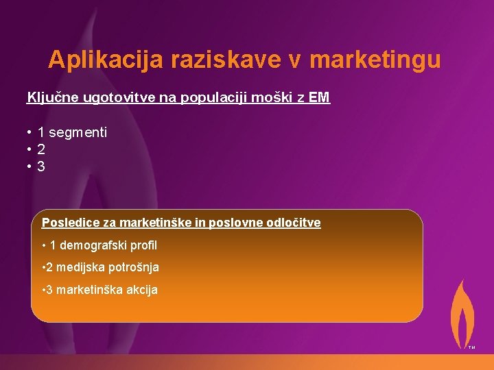 Aplikacija raziskave v marketingu Ključne ugotovitve na populaciji moški z EM • 1 segmenti