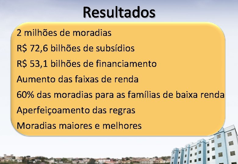 Resultados 2 milhões de moradias R$ 72, 6 bilhões de subsídios R$ 53, 1