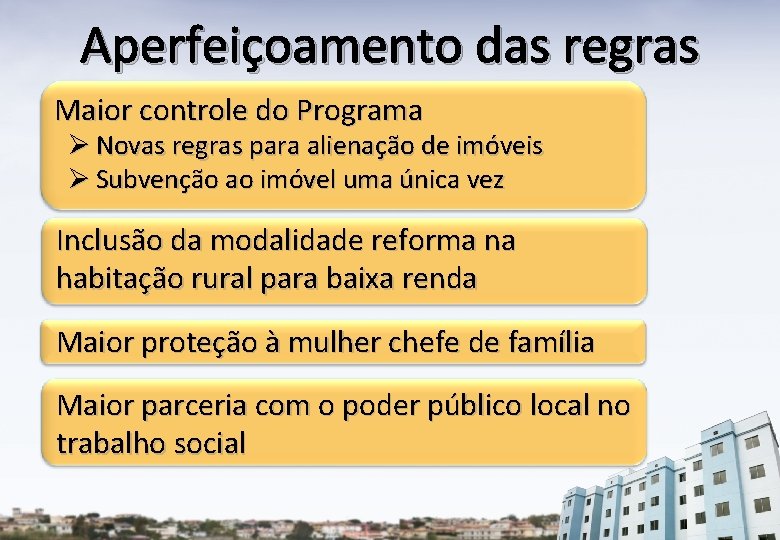 Aperfeiçoamento das regras Maior controle do Programa Ø Novas regras para alienação de imóveis