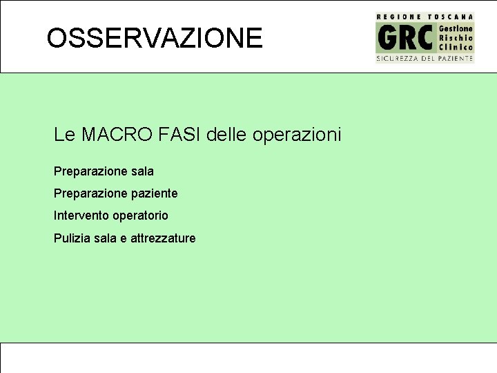 OSSERVAZIONE Le MACRO FASI delle operazioni Preparazione sala Preparazione paziente Intervento operatorio Pulizia sala