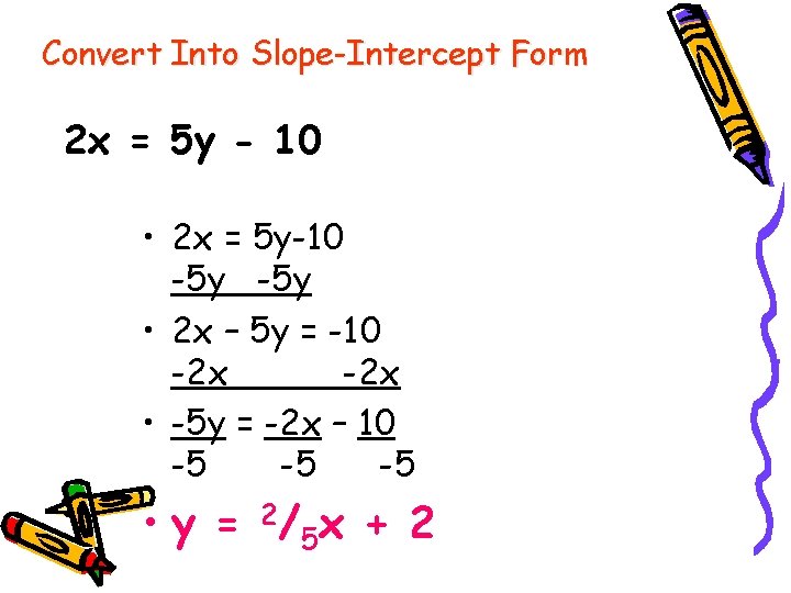 Convert Into Slope-Intercept Form 2 x = 5 y - 10 • 2 x