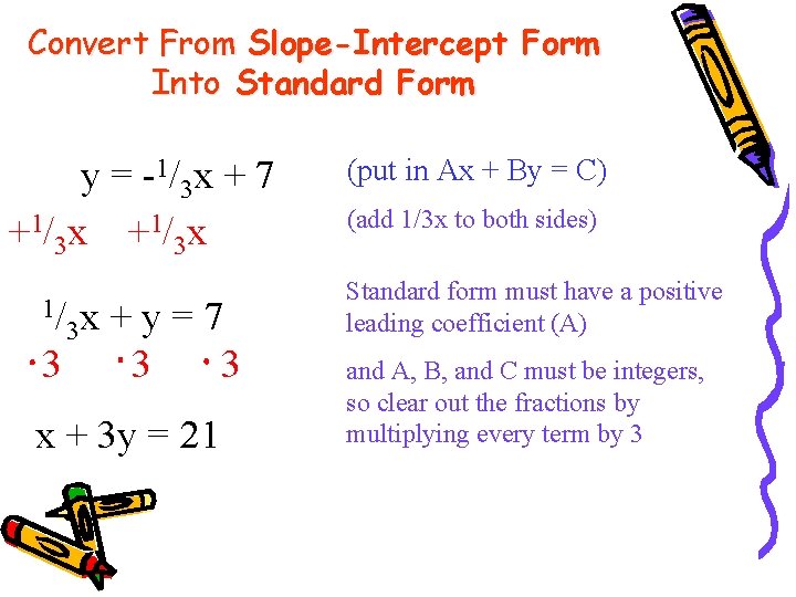 Convert From Slope-Intercept Form Into Standard Form y = -1/3 x + 7 +