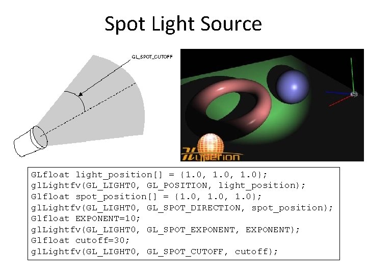 Spot Light Source GLfloat light_position[] = {1. 0, 1. 0}; gl. Lightfv(GL_LIGHT 0, GL_POSITION,