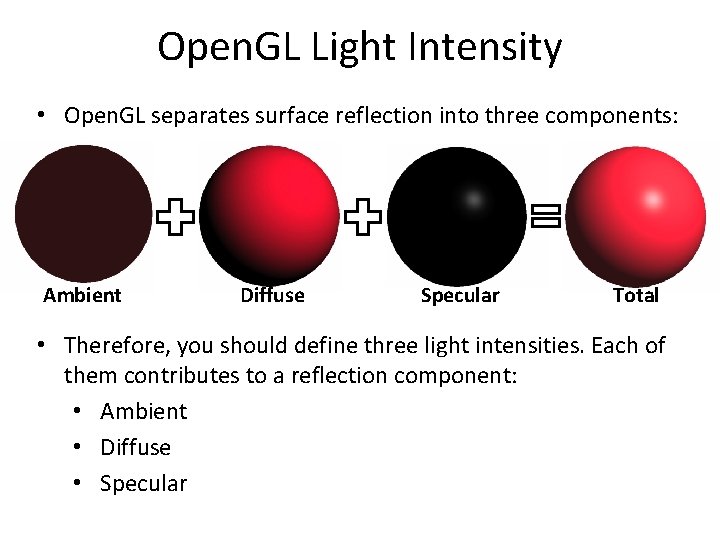 Open. GL Light Intensity • Open. GL separates surface reflection into three components: Ambient