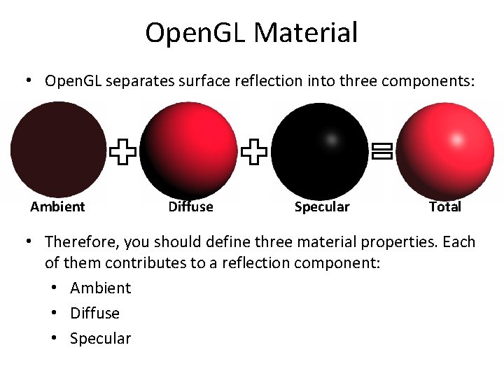 Open. GL Material • Open. GL separates surface reflection into three components: Ambient Diffuse