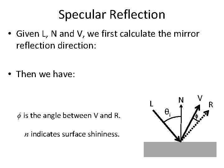 Specular Reflection • Given L, N and V, we first calculate the mirror reflection