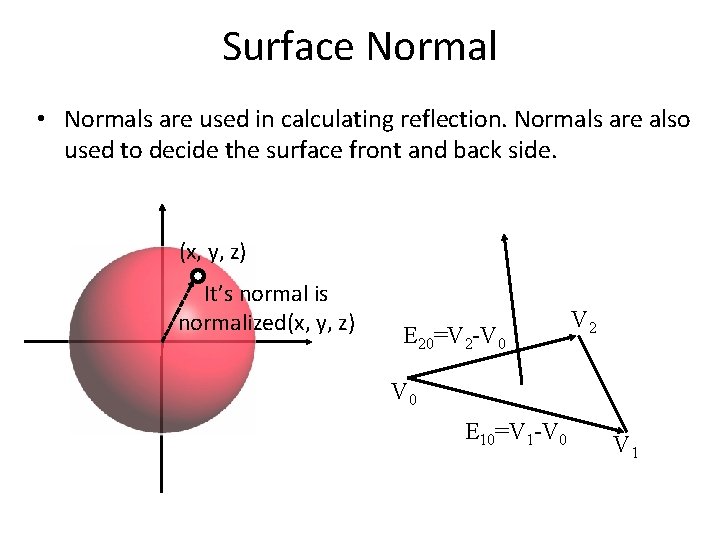 Surface Normal • Normals are used in calculating reflection. Normals are also used to