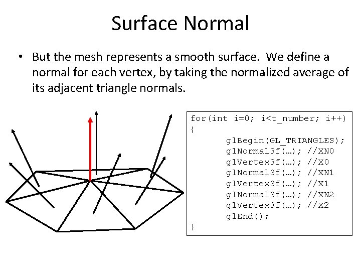 Surface Normal • But the mesh represents a smooth surface. We define a normal