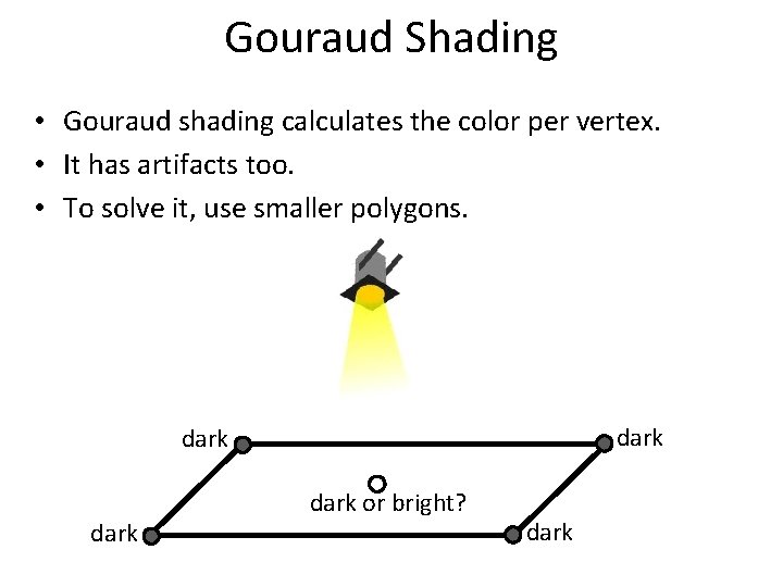 Gouraud Shading • Gouraud shading calculates the color per vertex. • It has artifacts