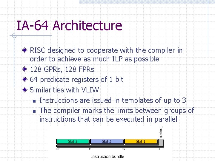 IA-64 Architecture RISC designed to cooperate with the compiler in order to achieve as