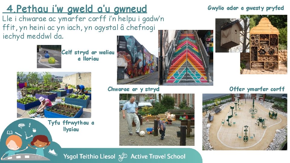 4. Pethau i’w gweld a’u gwneud Gwylio adar a gwesty pryfed Lle i chwarae