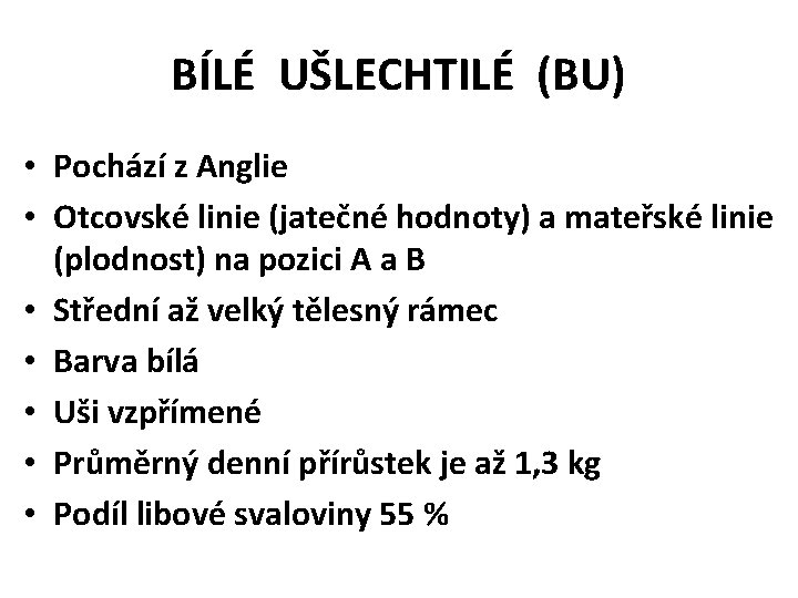 BÍLÉ UŠLECHTILÉ (BU) • Pochází z Anglie • Otcovské linie (jatečné hodnoty) a mateřské