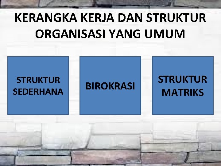 KERANGKA KERJA DAN STRUKTUR ORGANISASI YANG UMUM STRUKTUR SEDERHANA BIROKRASI STRUKTUR MATRIKS 