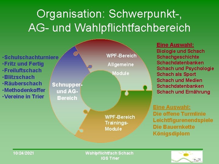 Organisation: Schwerpunkt-, AG- und Wahlpflichtfachbereich Eine Auswahl: • Schulschachturniere • Fritz und Fertig •