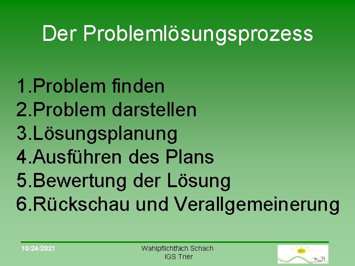 Der Problemlösungsprozess 1. Problem finden 2. Problem darstellen 3. Lösungsplanung 4. Ausführen des Plans