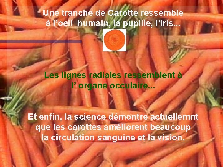 Une tranche de Carotte ressemble à l’oeil humain, la pupille, l’iris. . . Les