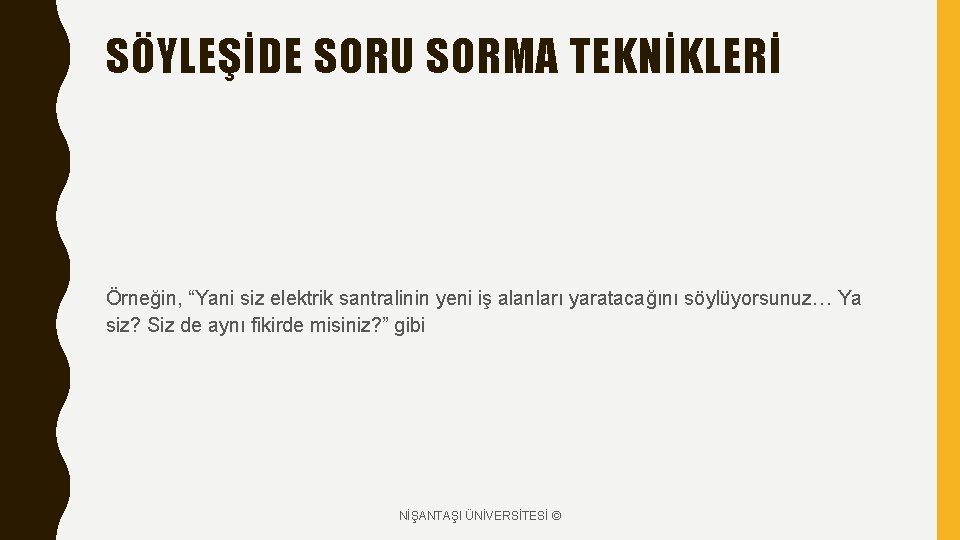 SÖYLEŞİDE SORU SORMA TEKNİKLERİ Örneğin, “Yani siz elektrik santralinin yeni iş alanları yaratacağını söylüyorsunuz…