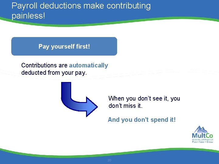Payroll deductions make contributing painless! Pay yourself first! Contributions are automatically deducted from your