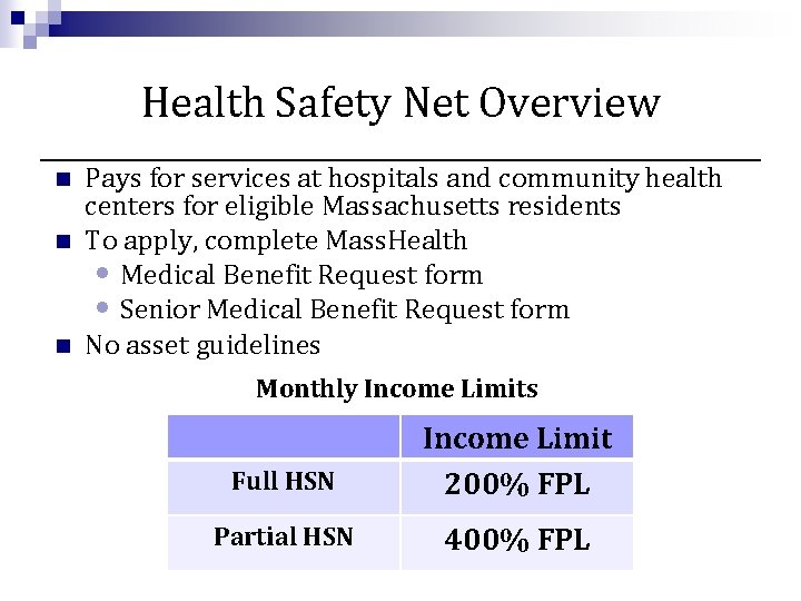 Health Safety Net Overview n n n Pays for services at hospitals and community