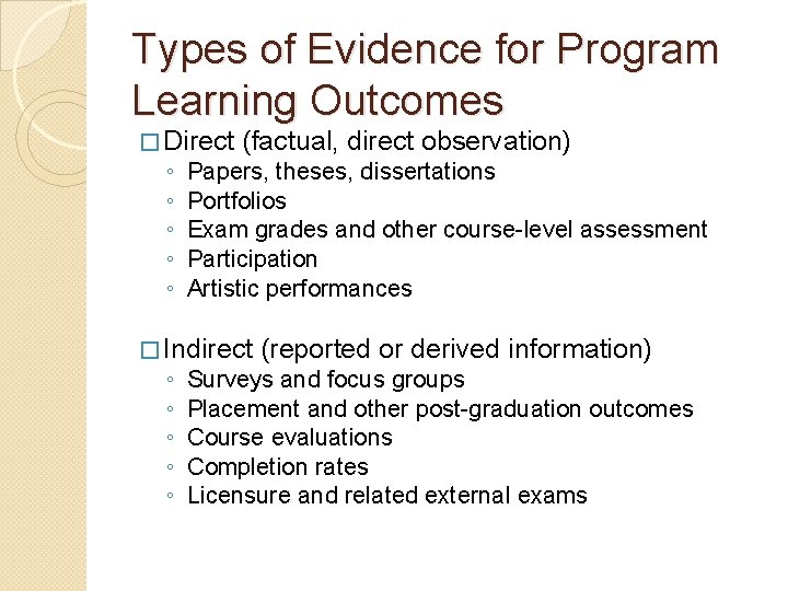 Types of Evidence for Program Learning Outcomes � Direct ◦ ◦ ◦ (factual, direct