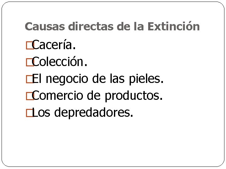 Causas directas de la Extinción �Cacería. �Colección. �El negocio de las pieles. �Comercio de