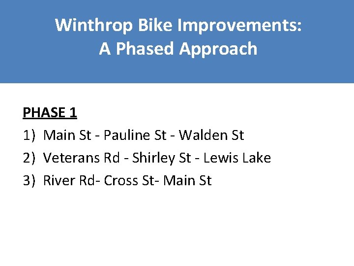 Winthrop Bike Improvements: A Phased Approach PHASE 1 1) Main St - Pauline St