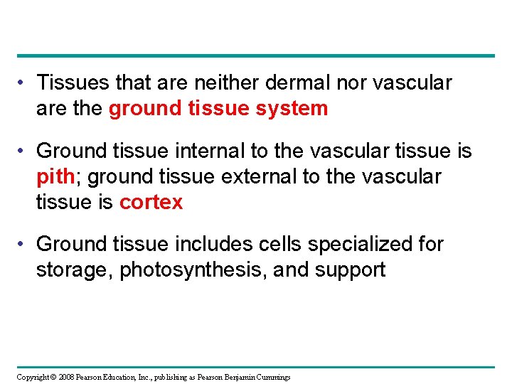  • Tissues that are neither dermal nor vascular are the ground tissue system