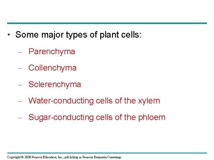  • Some major types of plant cells: – Parenchyma – Collenchyma – Sclerenchyma