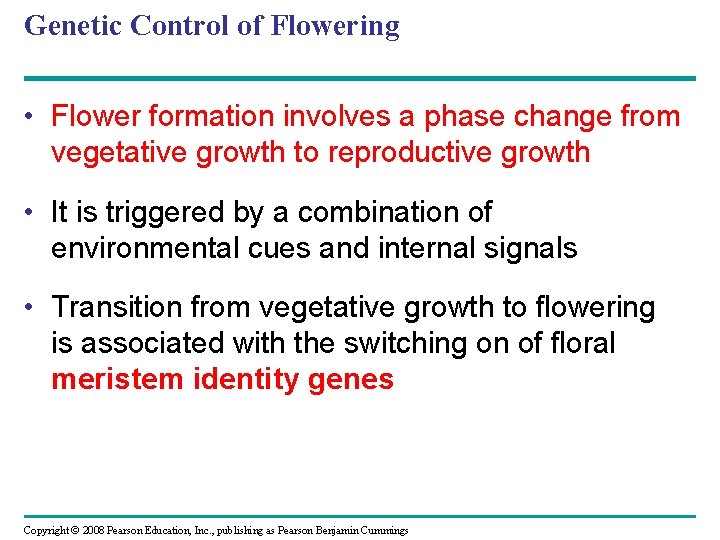 Genetic Control of Flowering • Flower formation involves a phase change from vegetative growth