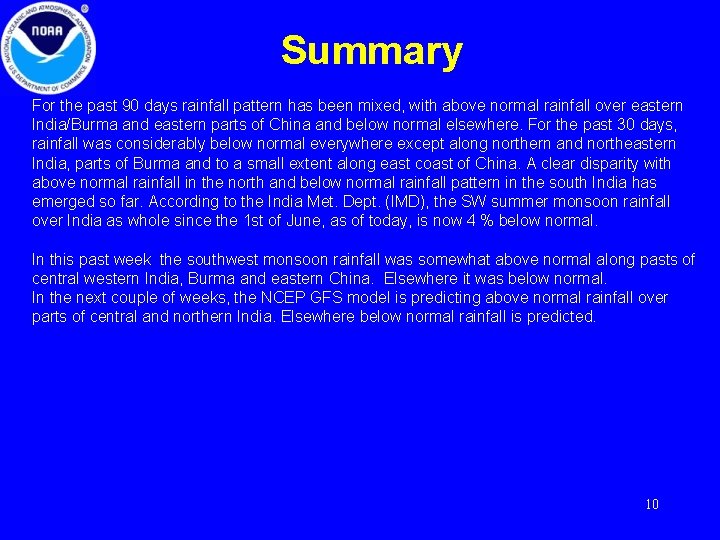 Summary For the past 90 days rainfall pattern has been mixed, with above normal