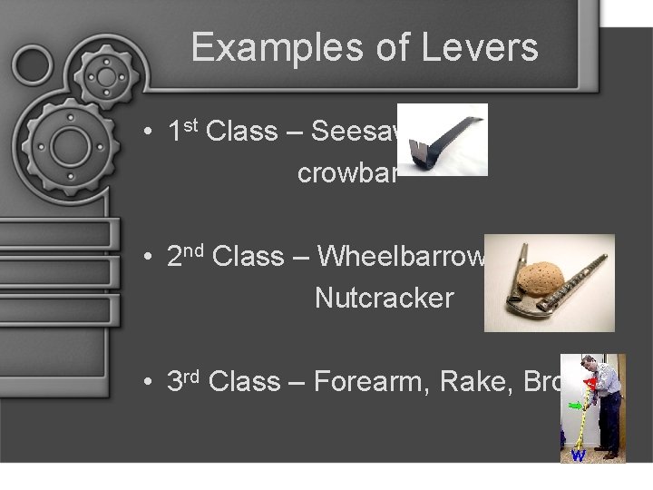 Examples of Levers • 1 st Class – Seesaw, crowbar • 2 nd Class