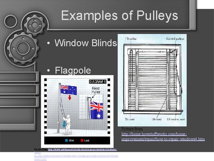 Examples of Pulleys • Window Blinds • Flagpole Picture from http: //home. howstuffworks. com/homeimprovement/repair/how-to-repair-windows