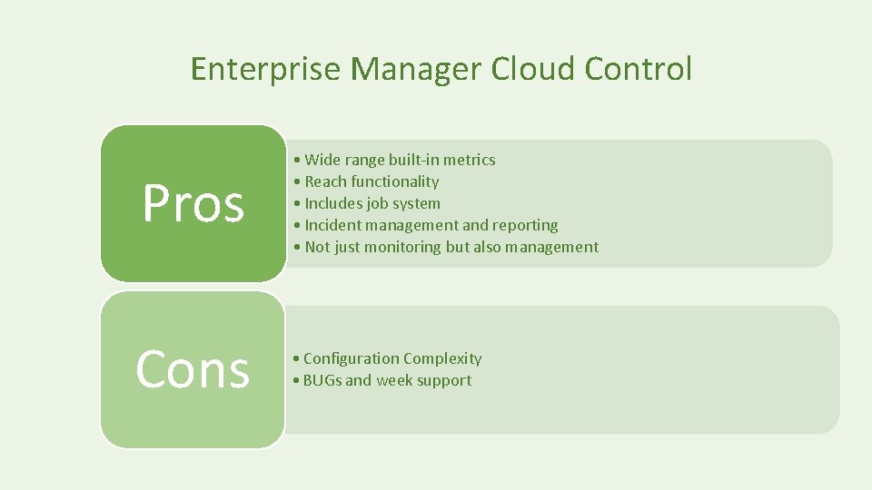 Enterprise Manager Cloud Control Pros Cons • Wide range built-in metrics • Reach functionality