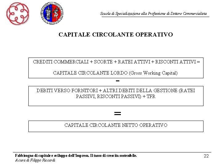 Scuola di Specializzazione alla Professione di Dottore Commercialista CAPITALE CIRCOLANTE OPERATIVO CREDITI COMMERCIALI +