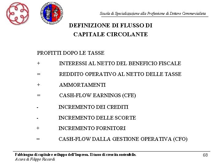 Scuola di Specializzazione alla Professione di Dottore Commercialista DEFINIZIONE DI FLUSSO DI CAPITALE CIRCOLANTE