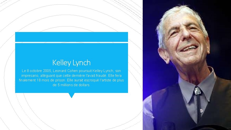 Kelley Lynch Le 8 octobre 2005, Leonard Cohen poursuit Kelley Lynch, son impresario, alléguant